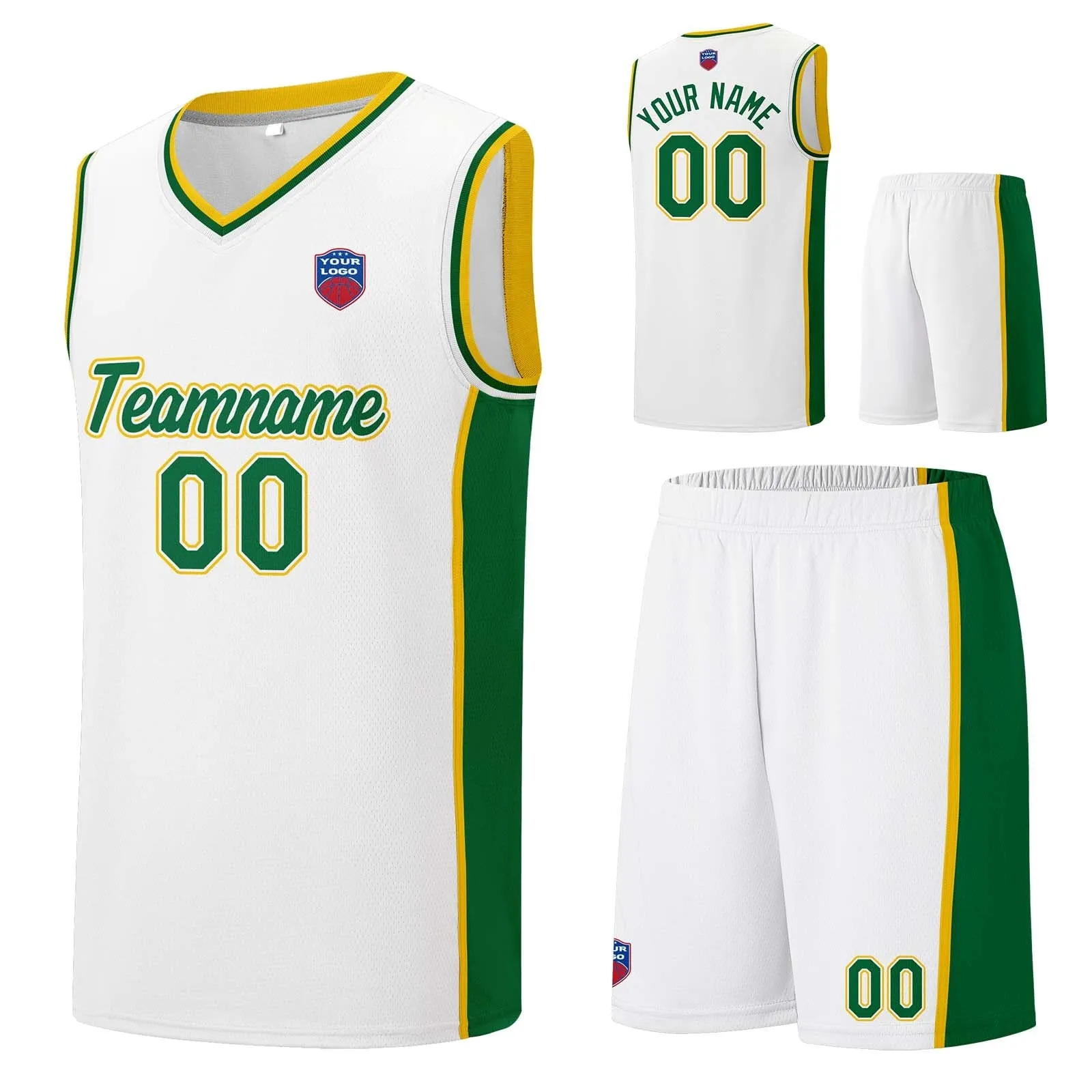 Custom basketball jersey shorts for men and women. Embroidered and printed name, number and logo White&Green&Yellow