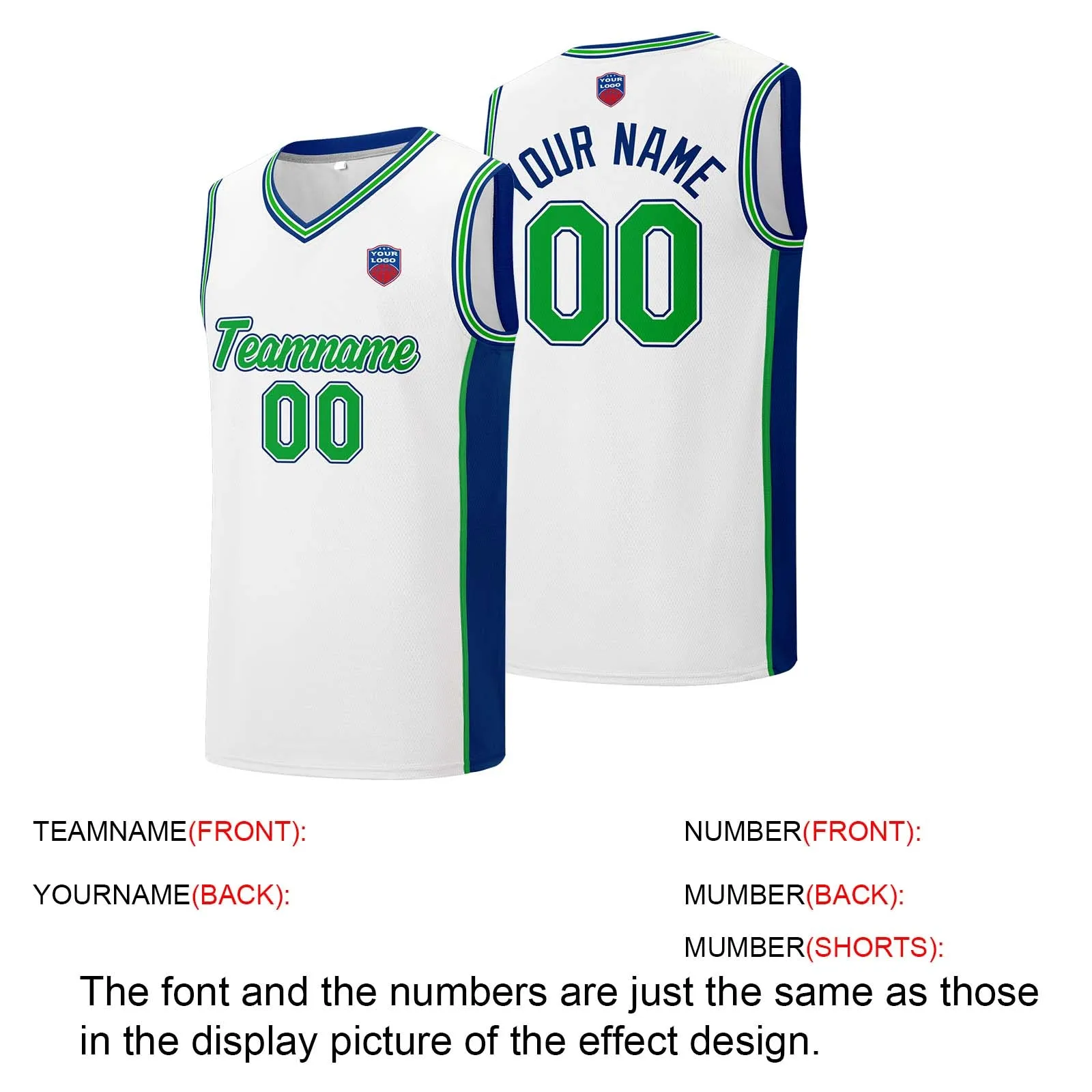 Custom basketball jersey shorts for men and women. Embroidered and printed name, number and logo White&Royal&Green