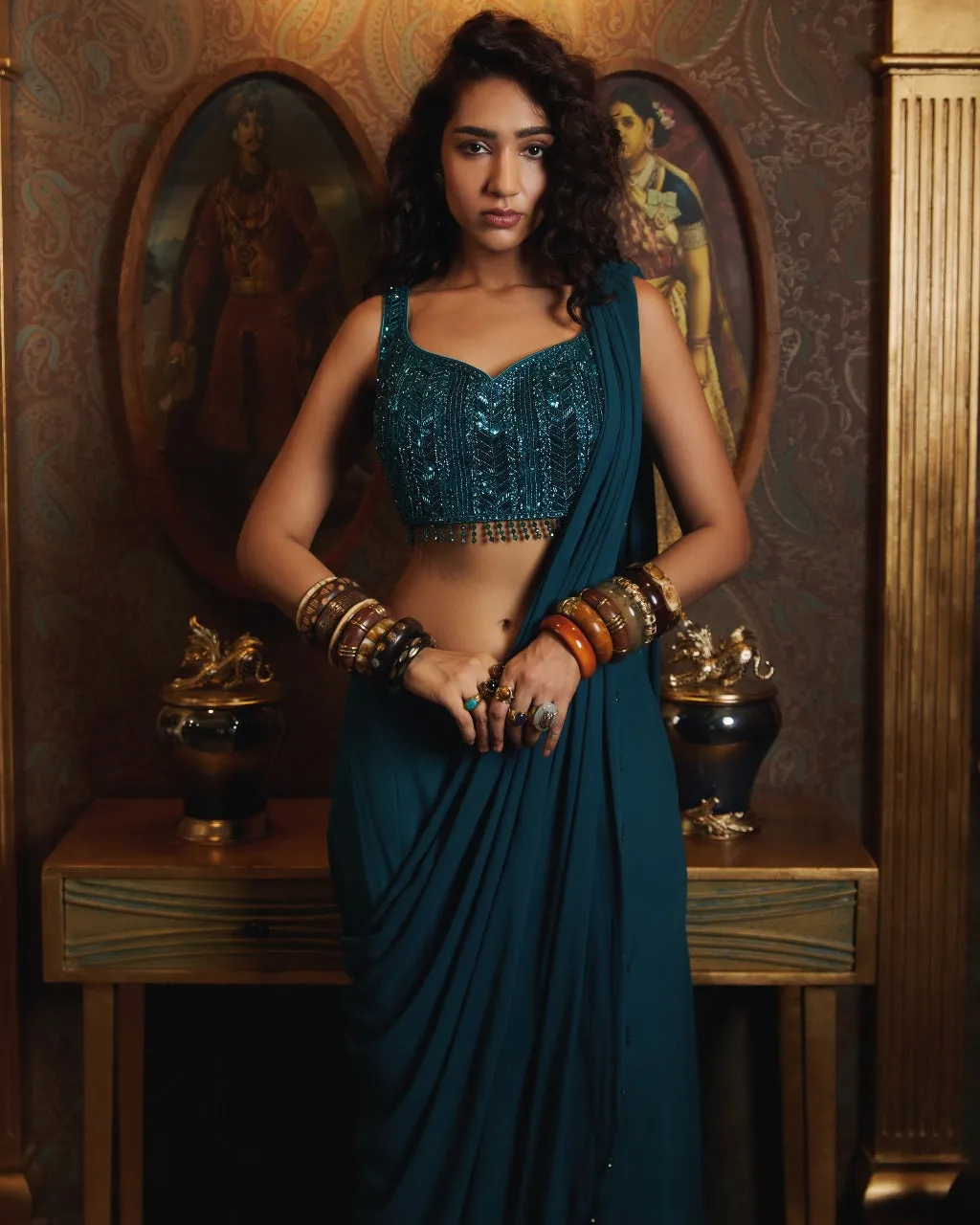 Peacock Blue Pant Sari Set