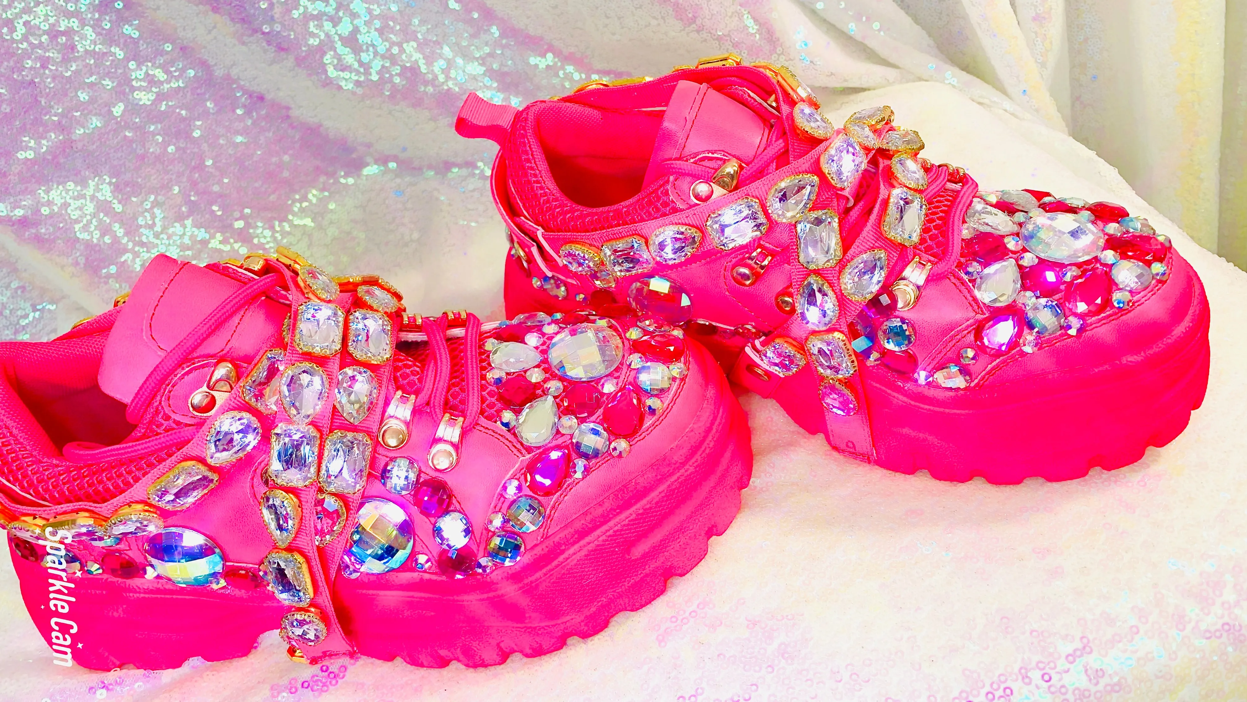 Pink Rhinestone Embellished Chunky Platform Wedge Sneakers