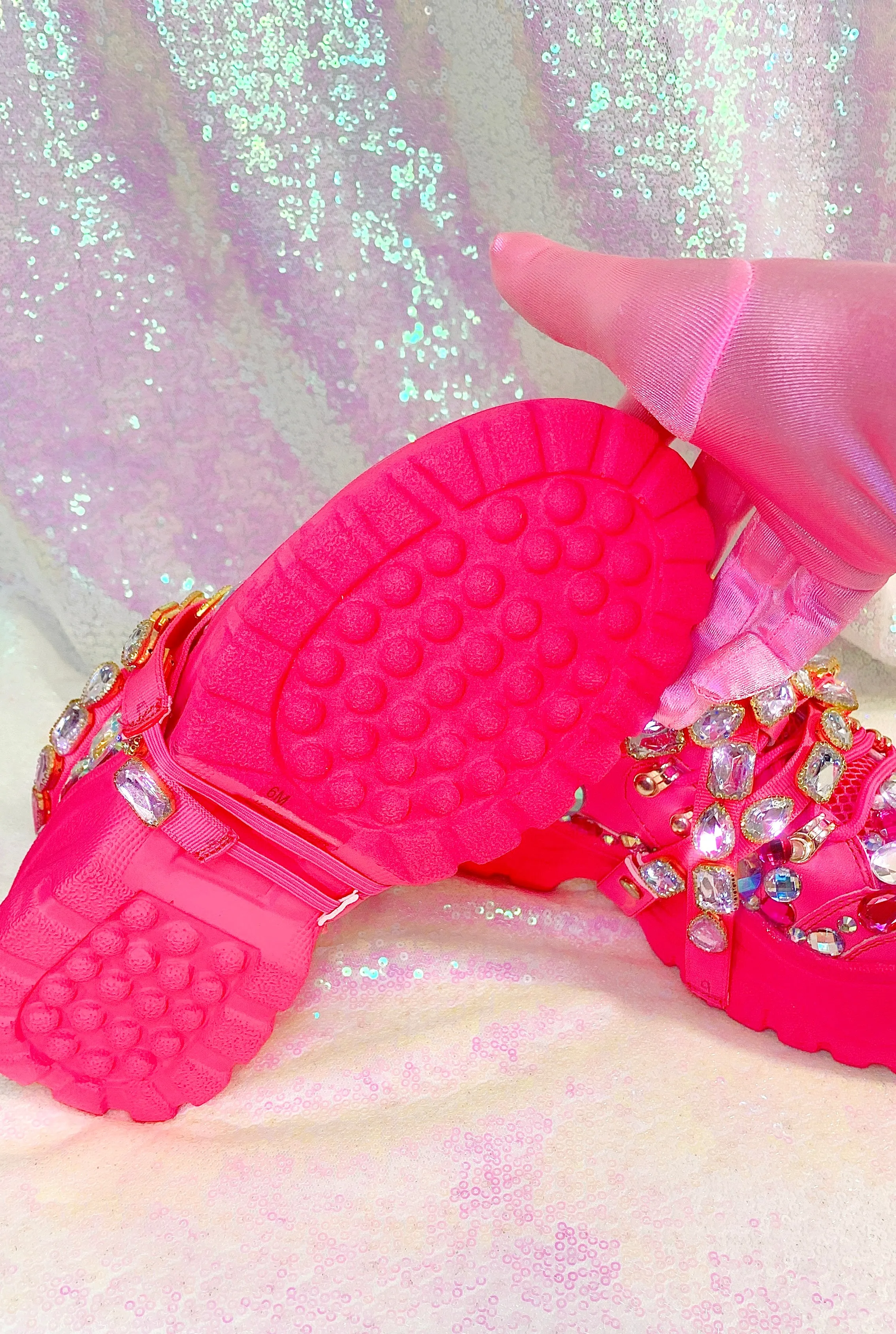 Pink Rhinestone Embellished Chunky Platform Wedge Sneakers