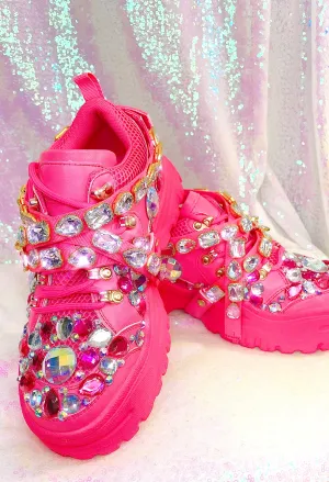 Pink Rhinestone Embellished Chunky Platform Wedge Sneakers