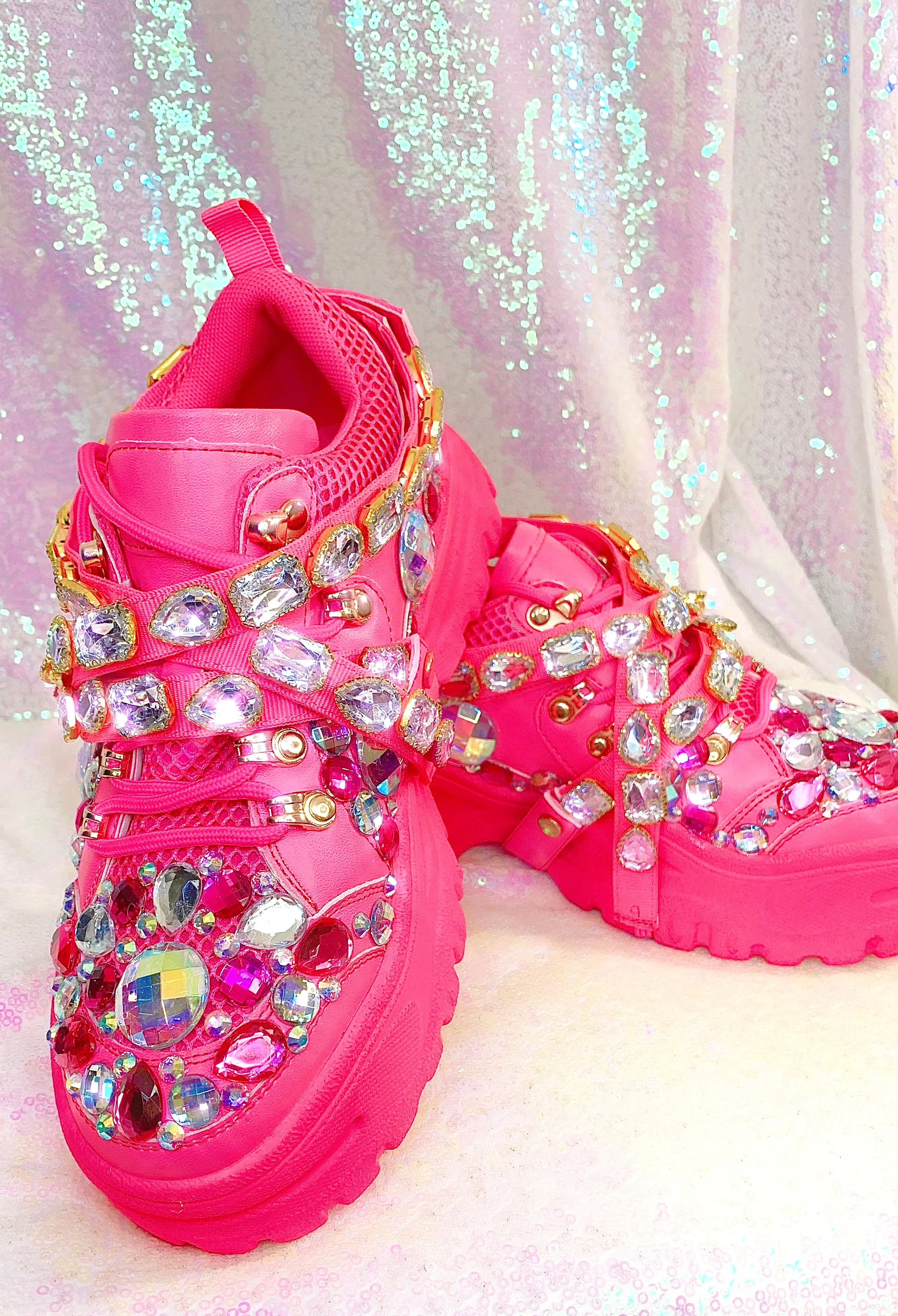 Pink Rhinestone Embellished Chunky Platform Wedge Sneakers