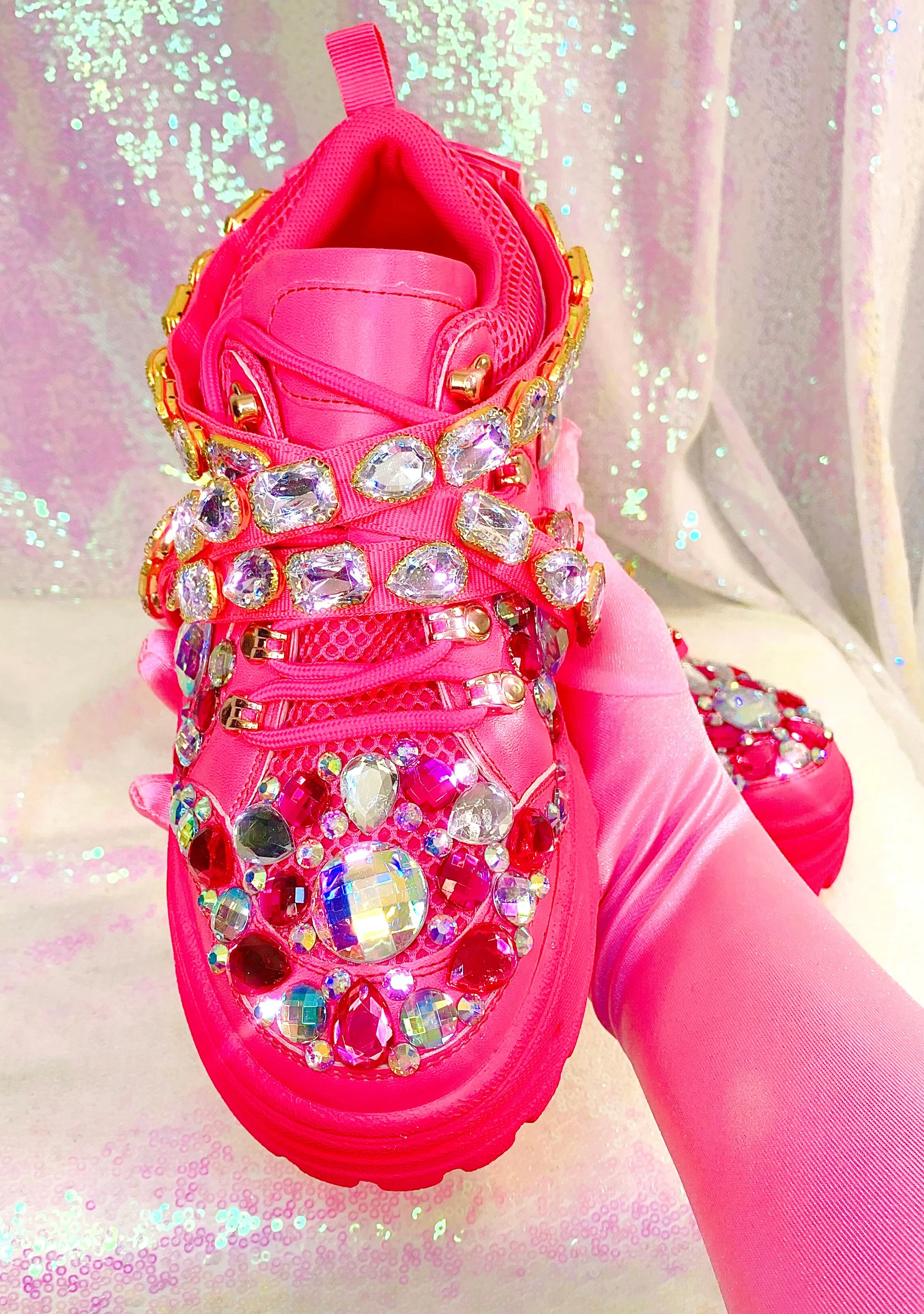 Pink Rhinestone Embellished Chunky Platform Wedge Sneakers