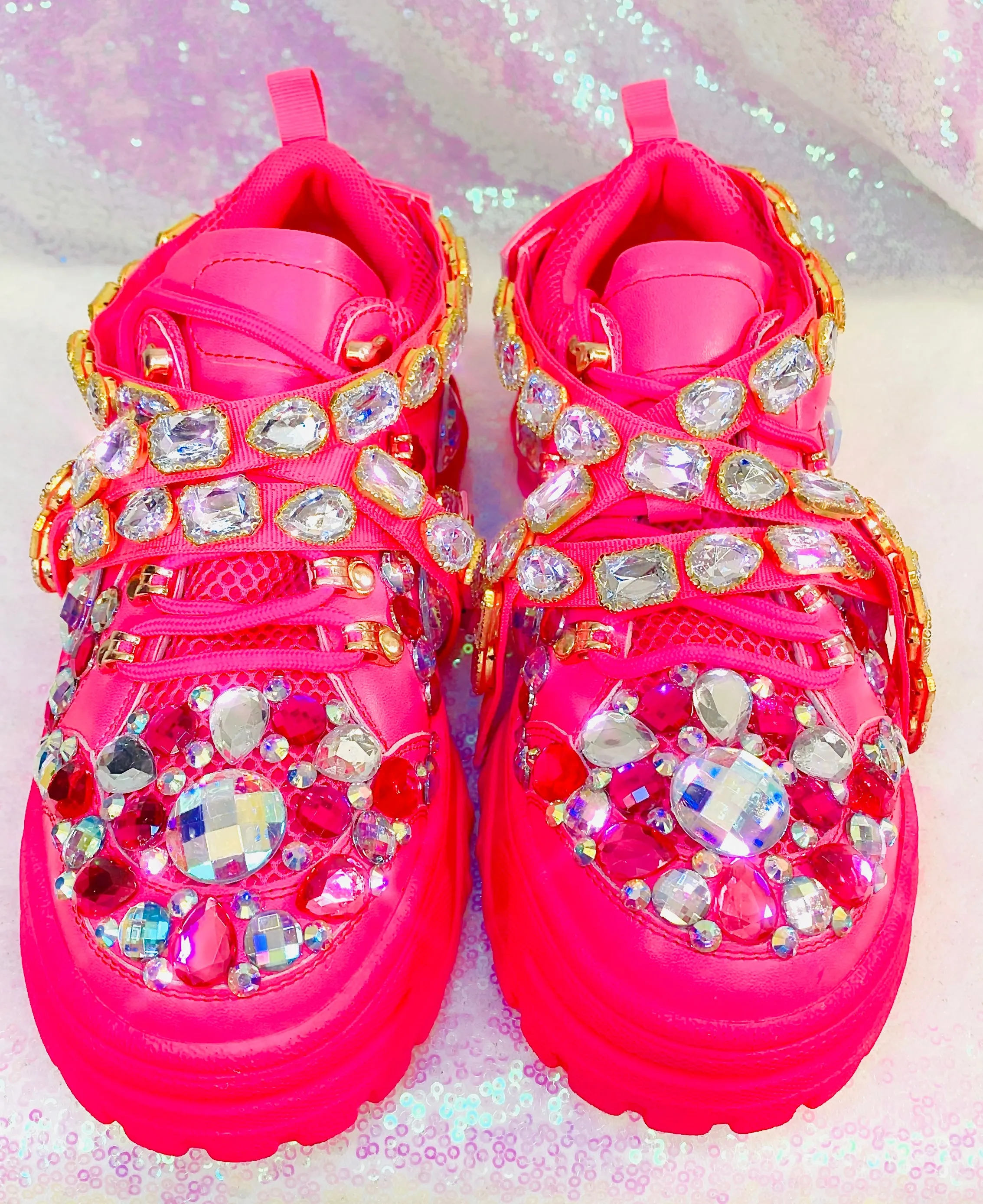 Pink Rhinestone Embellished Chunky Platform Wedge Sneakers