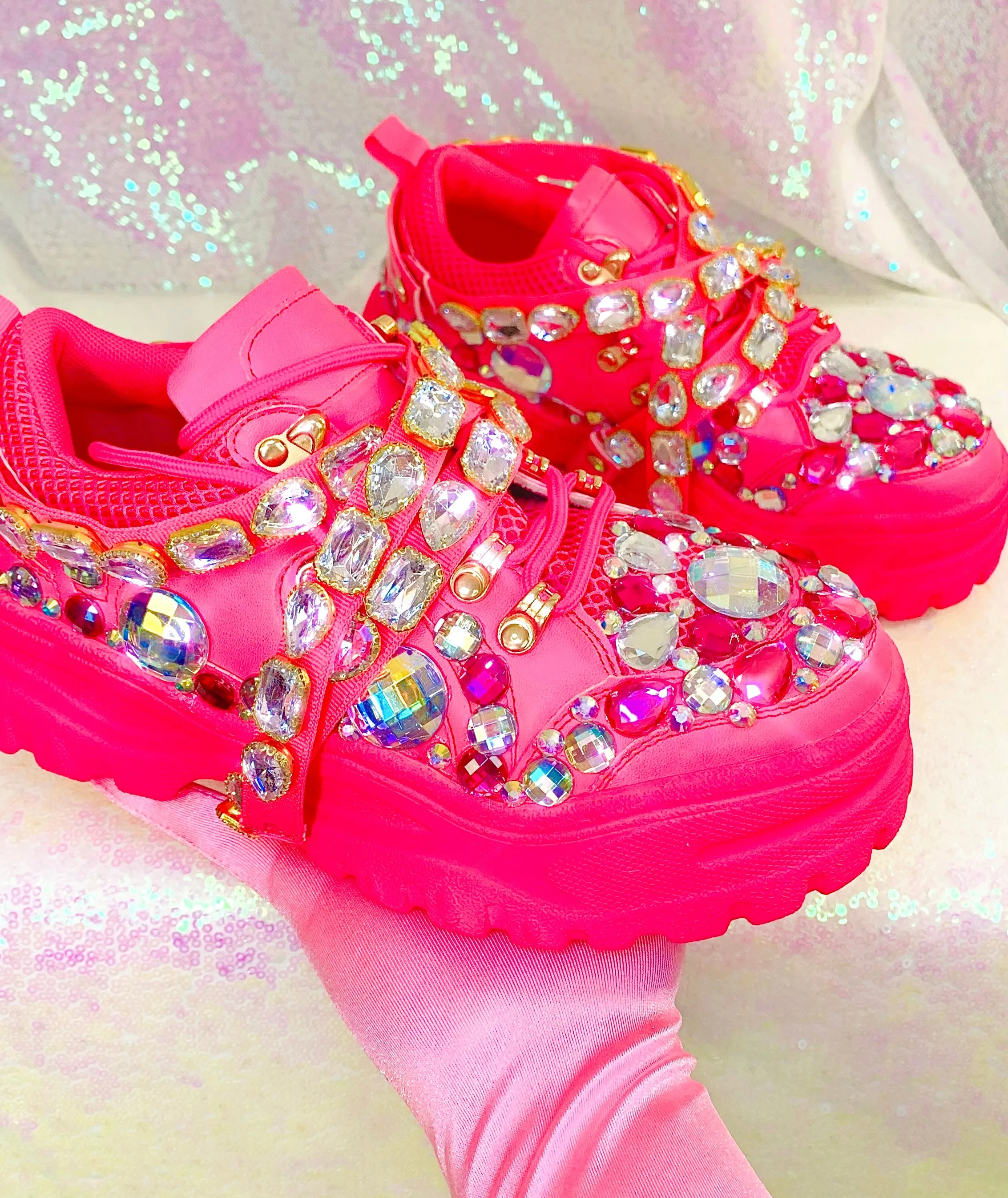 Pink Rhinestone Embellished Chunky Platform Wedge Sneakers