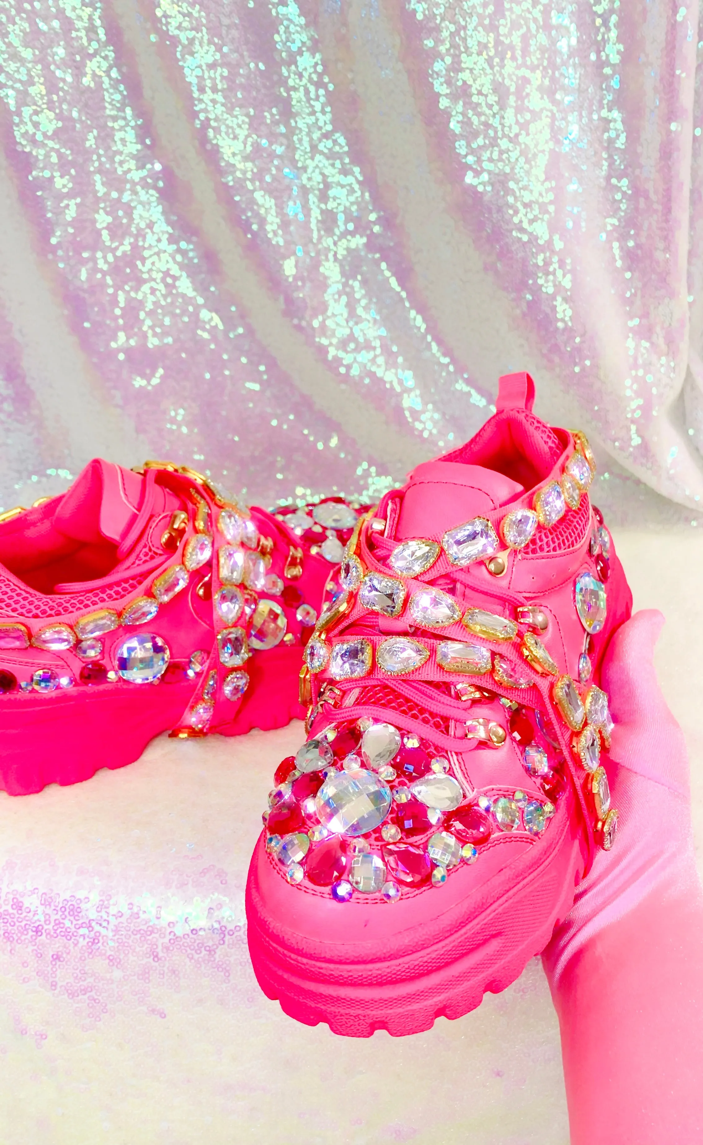 Pink Rhinestone Embellished Chunky Platform Wedge Sneakers