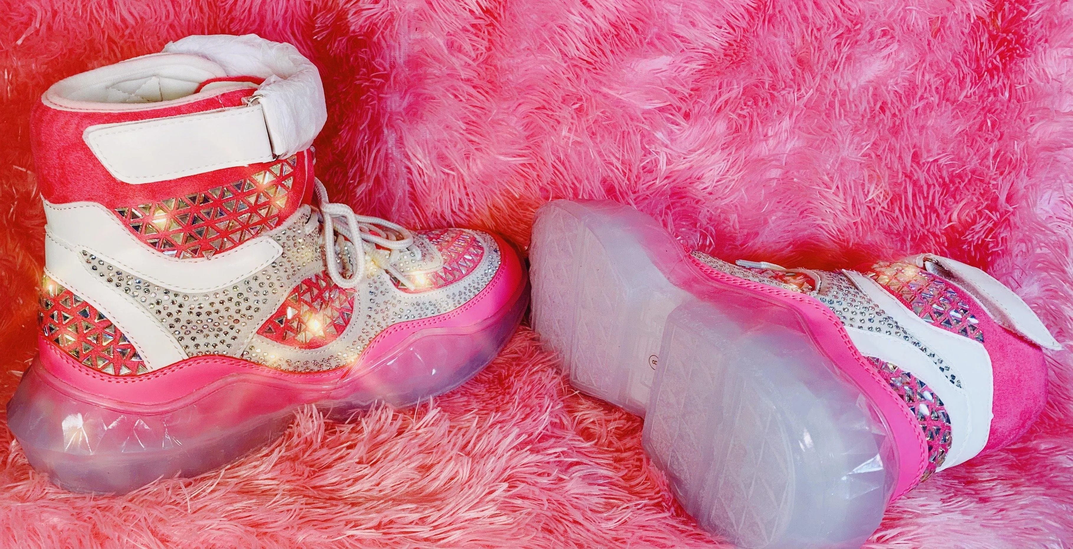 Pink Studded Rhinestone Crystal Lace Up High Top Sneakers