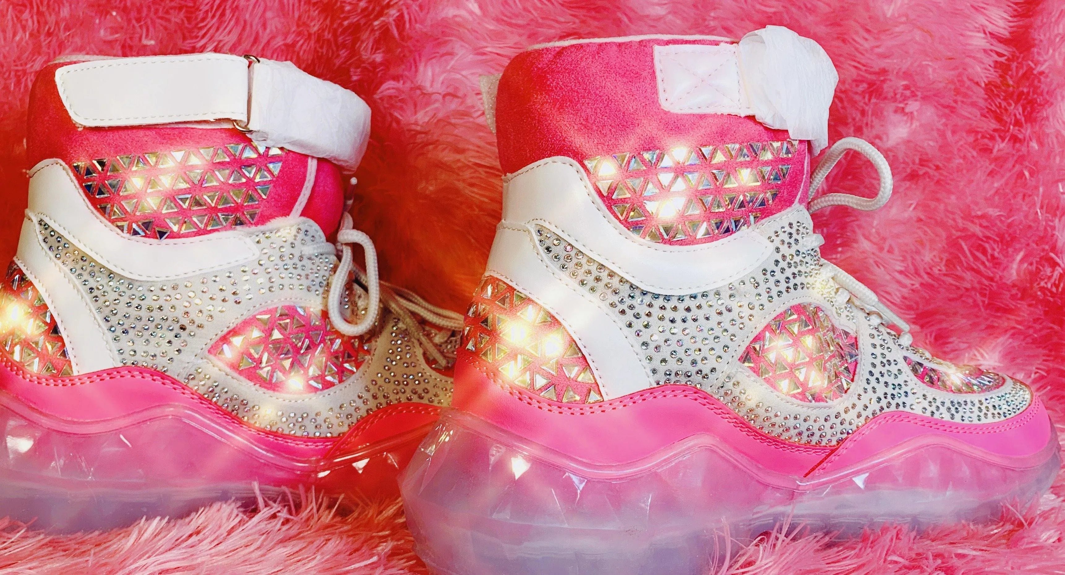 Pink Studded Rhinestone Crystal Lace Up High Top Sneakers
