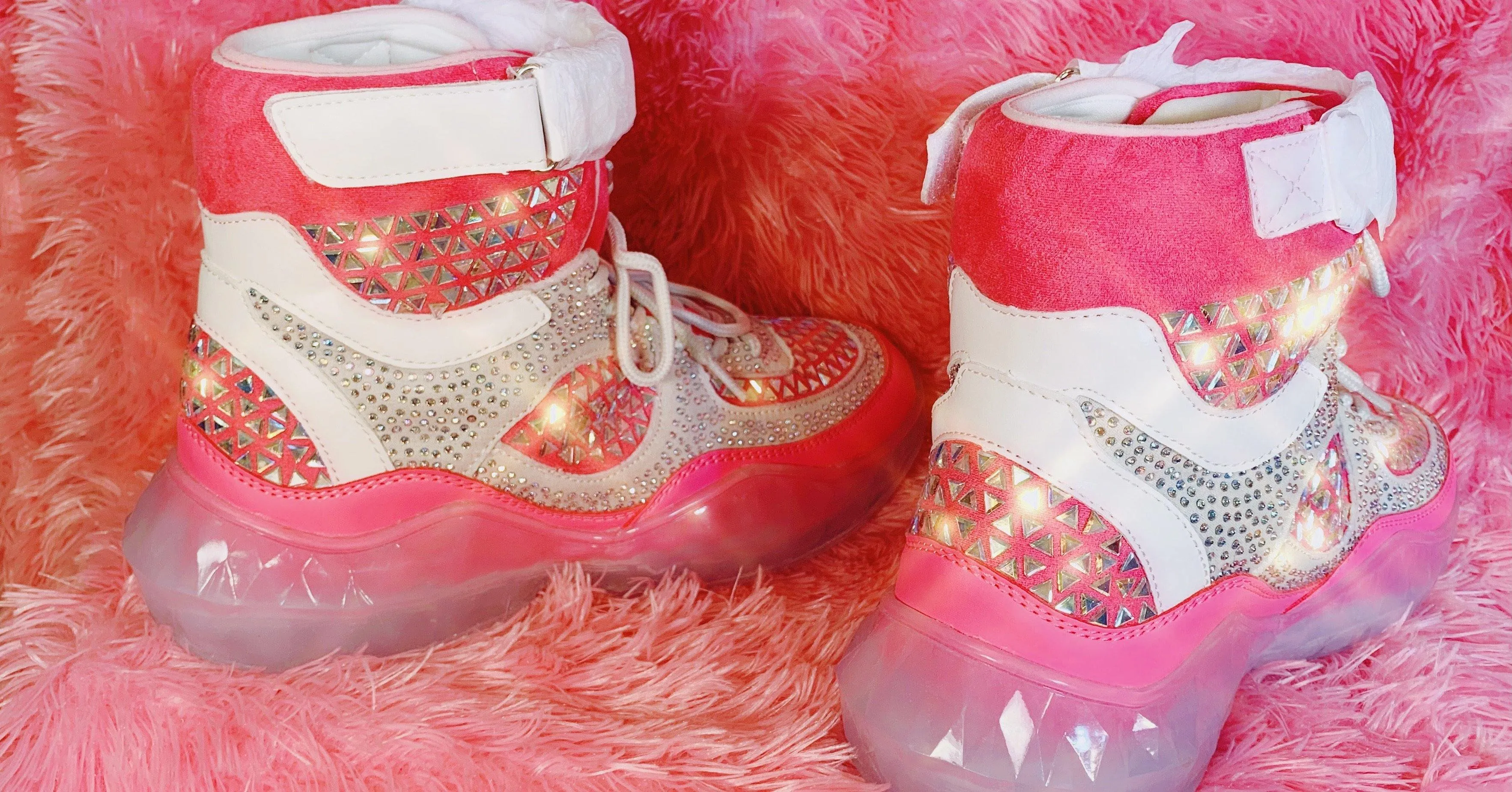 Pink Studded Rhinestone Crystal Lace Up High Top Sneakers