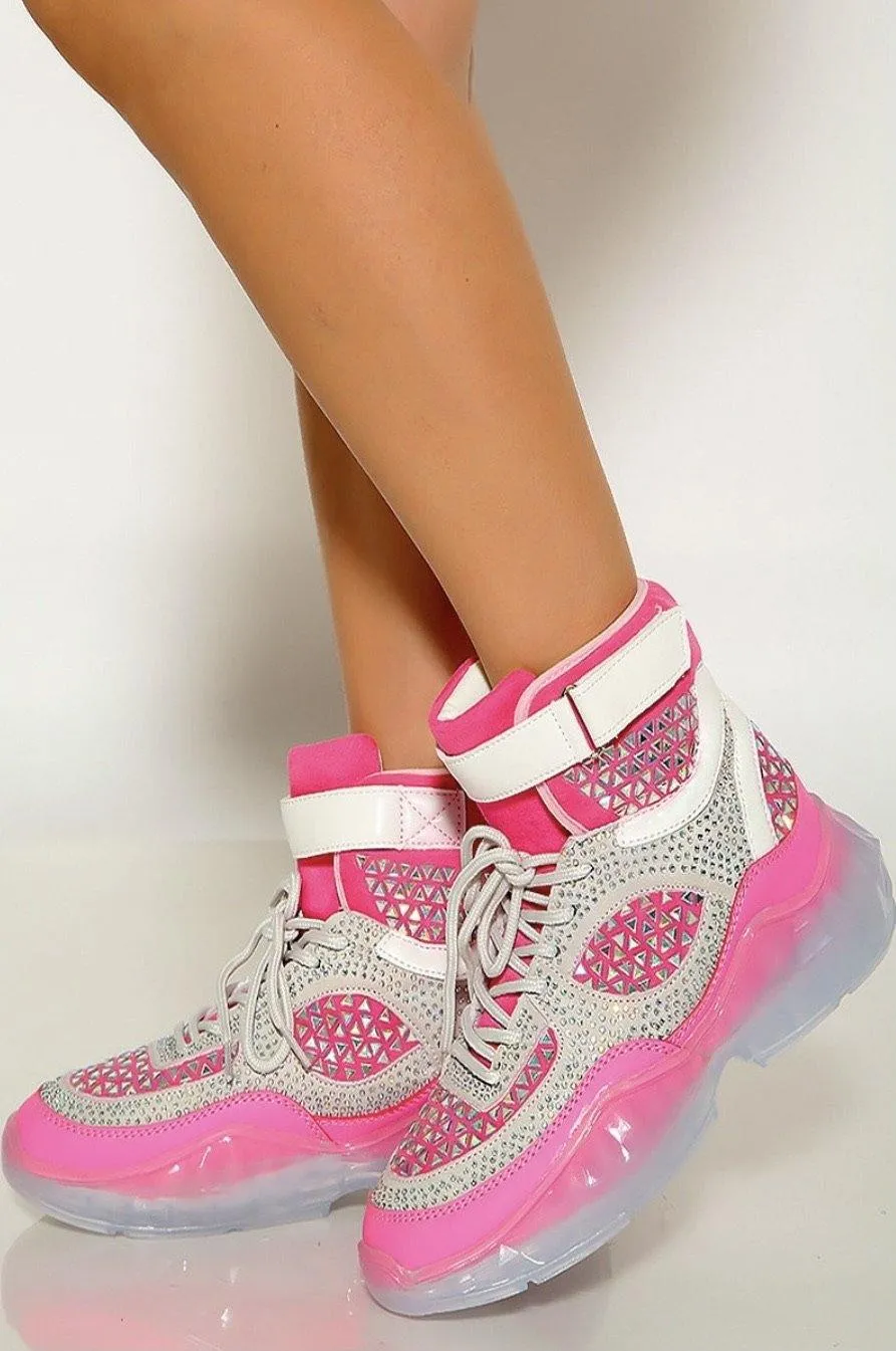 Pink Studded Rhinestone Crystal Lace Up High Top Sneakers
