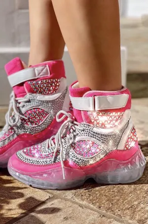 Pink Studded Rhinestone Crystal Lace Up High Top Sneakers