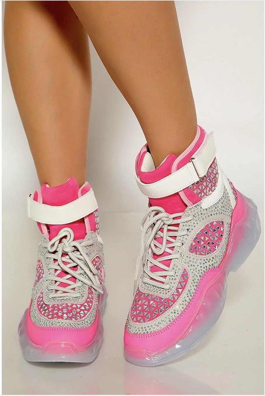 Pink Studded Rhinestone Crystal Lace Up High Top Sneakers
