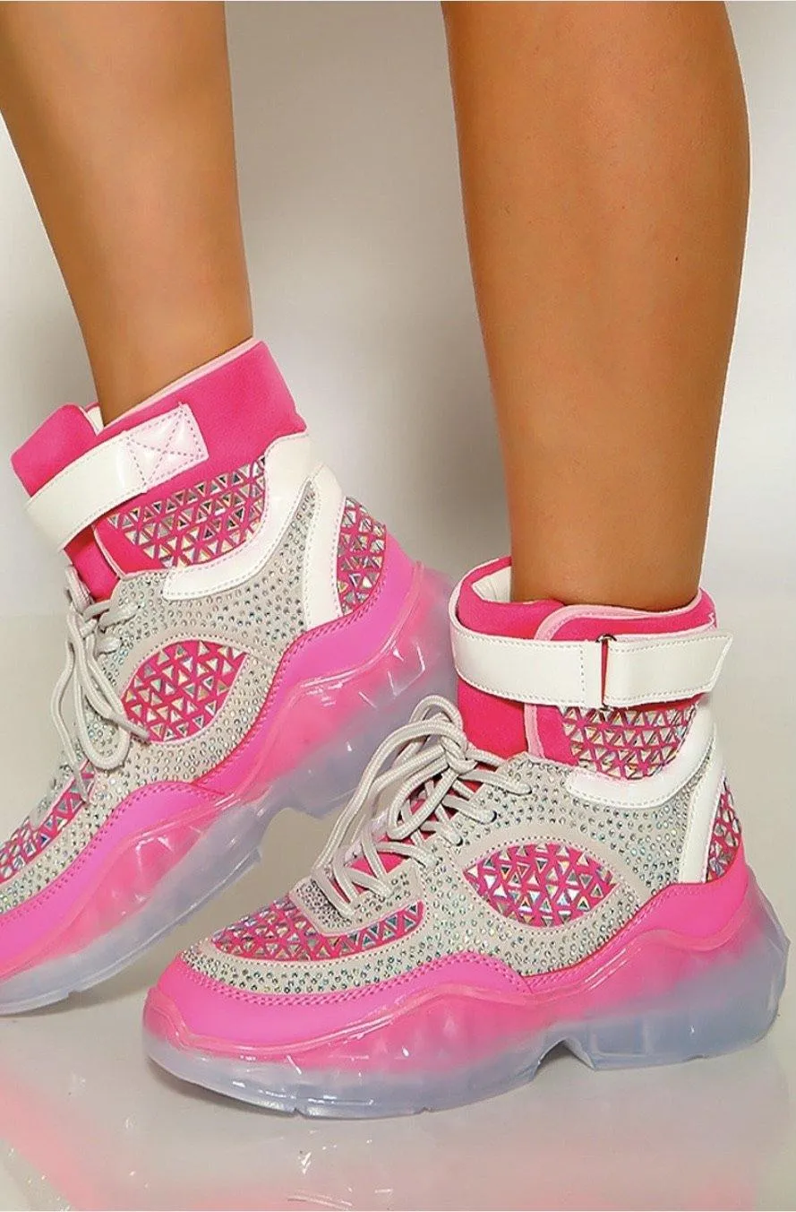Pink Studded Rhinestone Crystal Lace Up High Top Sneakers
