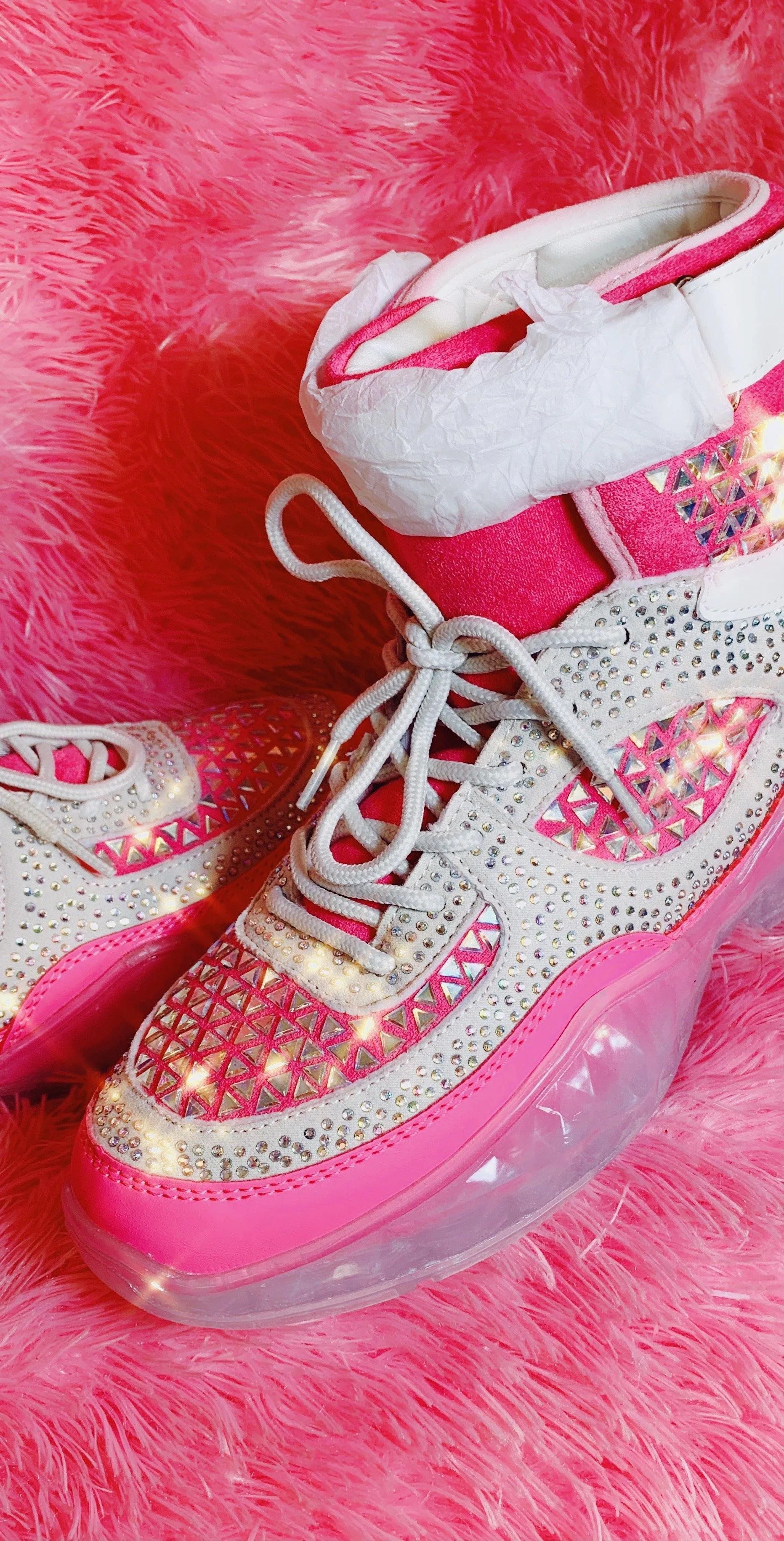 Pink Studded Rhinestone Crystal Lace Up High Top Sneakers