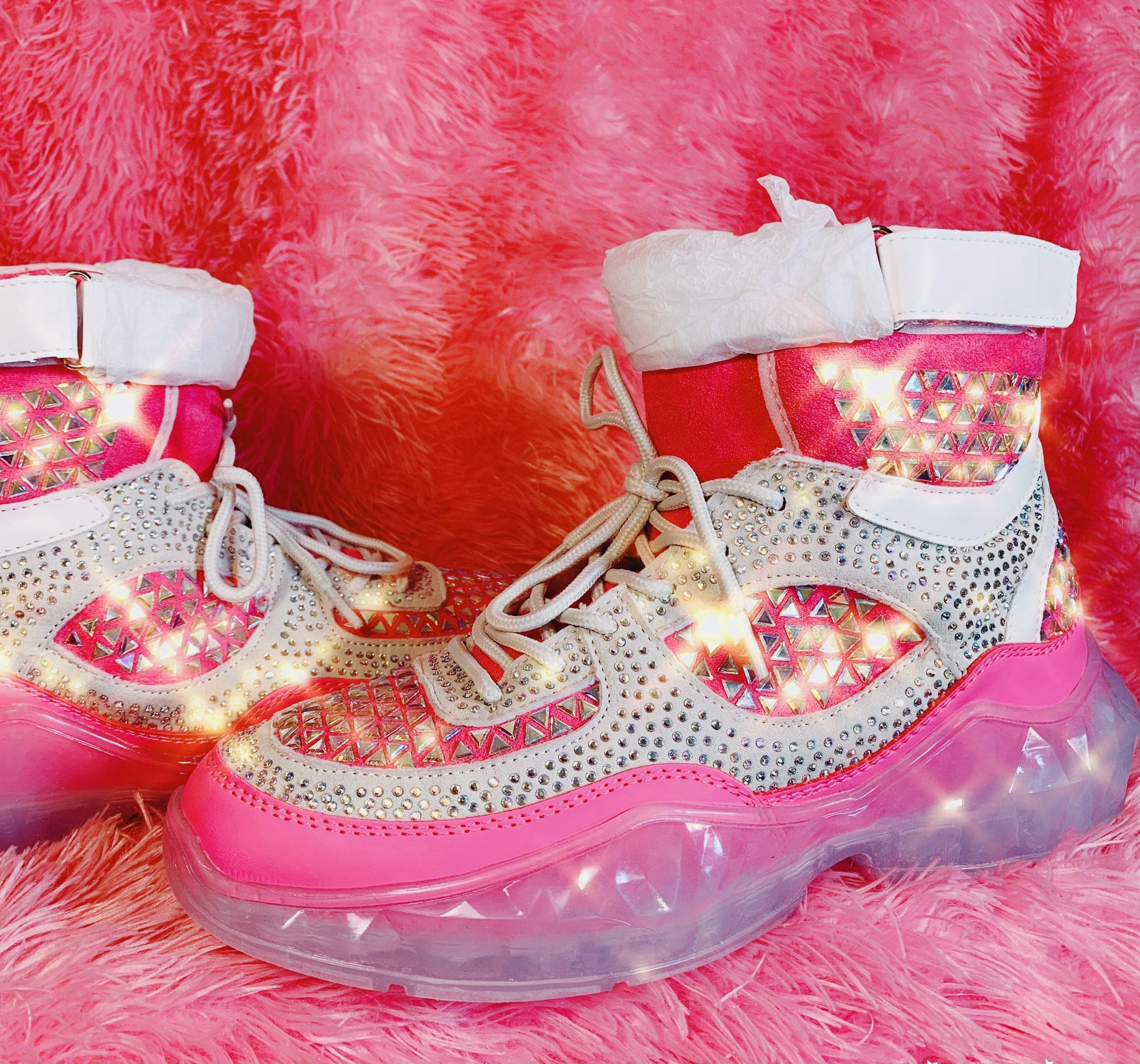 Pink Studded Rhinestone Crystal Lace Up High Top Sneakers