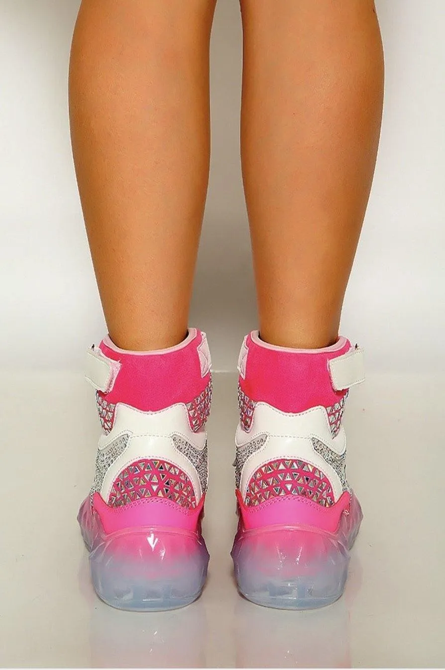Pink Studded Rhinestone Crystal Lace Up High Top Sneakers