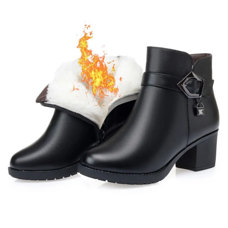 Winter Leather Women Winter Boots Thick Wool Warm Women High-heeled Genuine Boot High-quality Female Snow Boots Women Shoes
