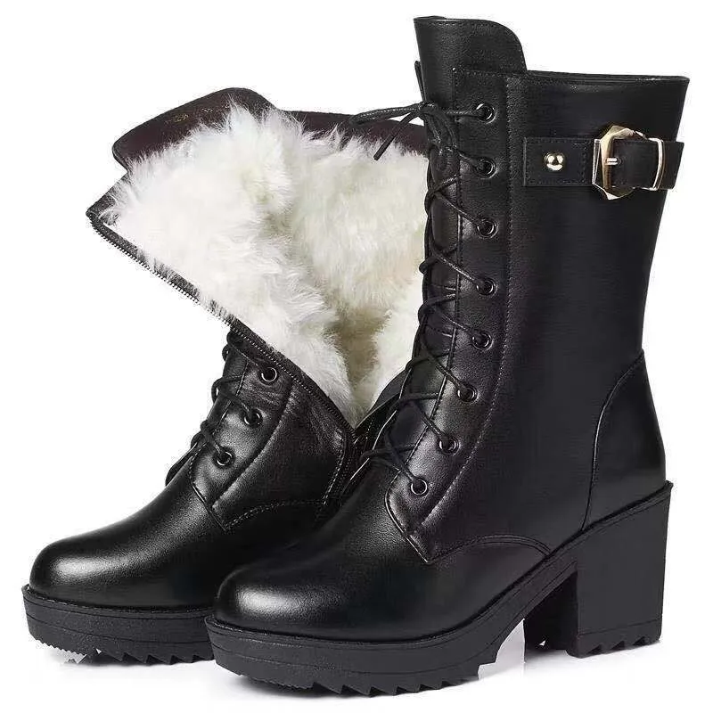 Winter Leather Women Winter Boots Thick Wool Warm Women High-heeled Genuine Boot High-quality Female Snow Boots Women Shoes