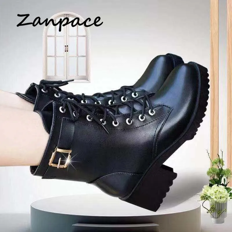 Winter Leather Women Winter Boots Thick Wool Warm Women High-heeled Genuine Boot High-quality Female Snow Boots Women Shoes