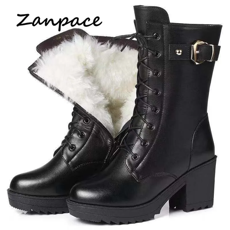 Winter Leather Women Winter Boots Thick Wool Warm Women High-heeled Genuine Boot High-quality Female Snow Boots Women Shoes