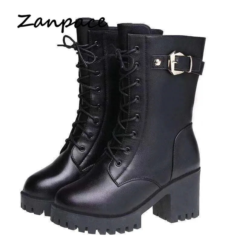 Winter Leather Women Winter Boots Thick Wool Warm Women High-heeled Genuine Boot High-quality Female Snow Boots Women Shoes