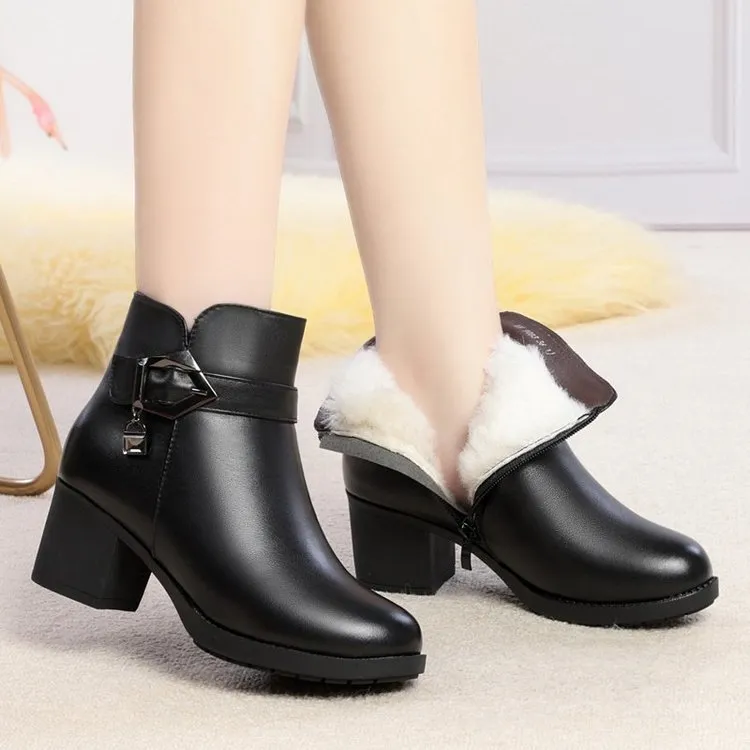 Winter Leather Women Winter Boots Thick Wool Warm Women High-heeled Genuine Boot High-quality Female Snow Boots Women Shoes