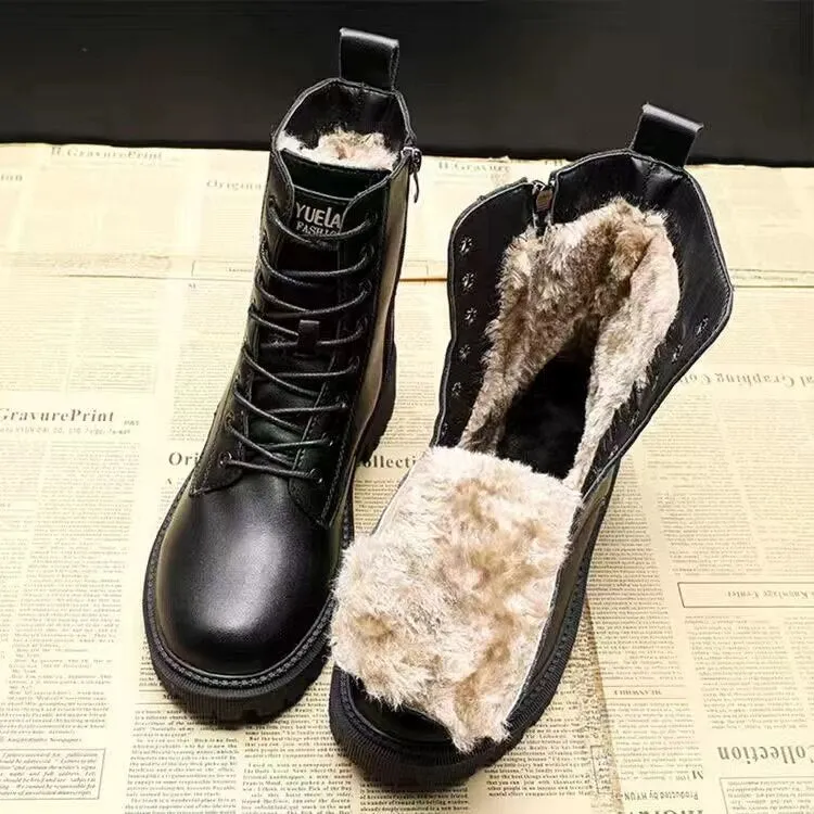 Winter Leather Women Winter Boots Thick Wool Warm Women High-heeled Genuine Boot High-quality Female Snow Boots Women Shoes