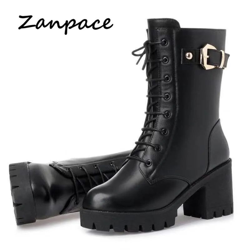 Winter Leather Women Winter Boots Thick Wool Warm Women High-heeled Genuine Boot High-quality Female Snow Boots Women Shoes